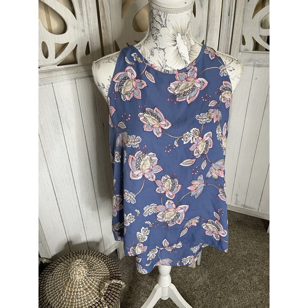 St Tropez West Top Women’s Blue Pink Tank Blouse Floral Flowy Top Size Medium